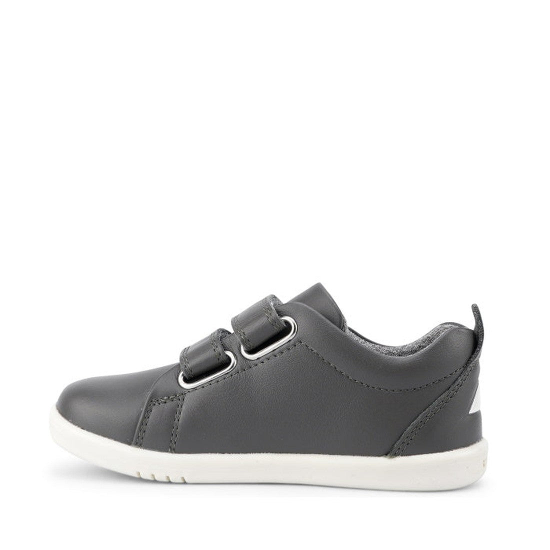 The Bobux Iwalk Grass Court Smoke Grey Leather Trainer 633702 is a unisex kids' sneaker with two velcro straps and a white sole, shown in a left-facing side profile., 9420068517974, 9420068517981, 9420068517998, 9420068518001, 9420068518018