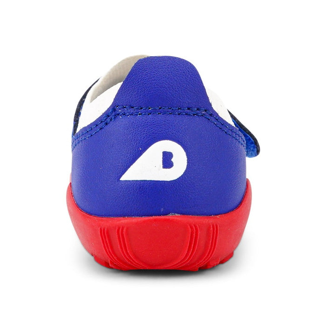 A close-up rear view of the Bobux Iwalk IW Dimension III Blueberry Red Trainer 638505 CLEARANCE, a lightweight shoe with twin-face merino knit, red sole, white details, and a white "B" logo on the heel., 9420062086421, 9420068531475, 9420068531482, 942006