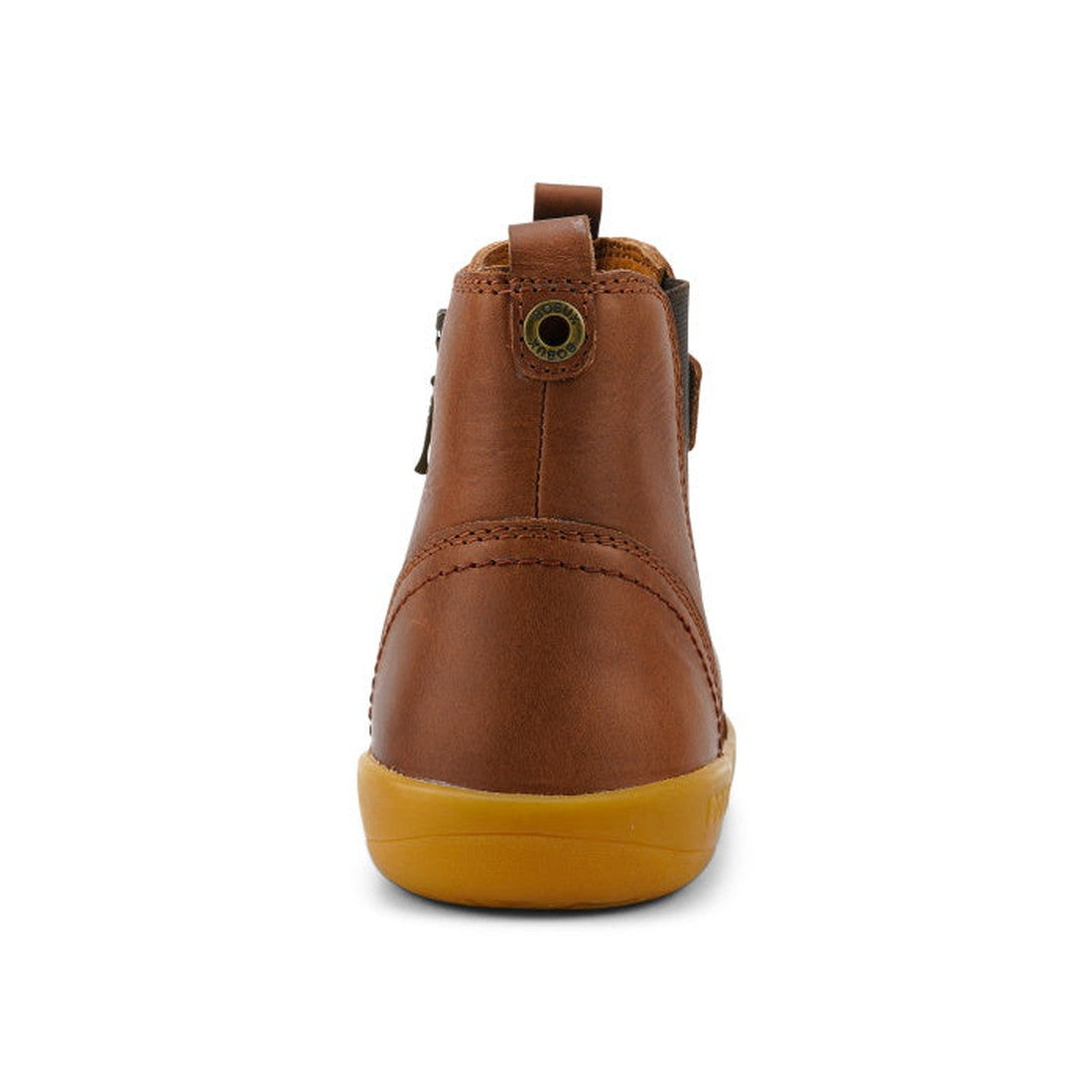 The Bobux Kid+ Jodhpur Leather Boot Toffee 830010E is a brown leather high-top kids boot with a yellow sole, back pull tab, visible stitching, and metal eyelet near the top. Inspired by classic Jodhpur boots. Shown from the back on a white background., 94
