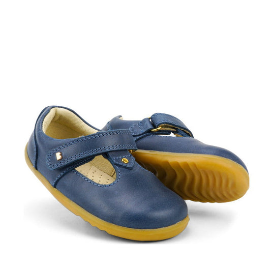 Bobux Step Up T-Bar Louise Midnight Blue Mary Janes feature soft blue leather, comfy cushioning, easy Velcro closure & yellow soles.  ksnz