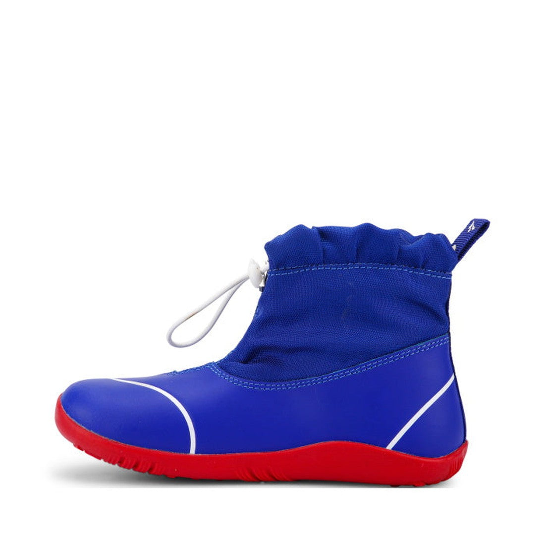 A single Bobux Kid+ Splash Boot Waterproof Blueberry 839003, ankle-high kids shoe with a bright blue upper, red sole, white detailing, and a white toggle drawstring at the top, is photographed on a plain white background., 9420068527911, 9420068527928, 94