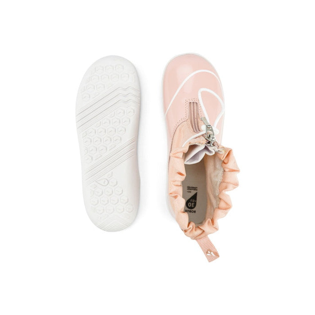 The Bobux Kid+ Splash Boot Waterproof Seashell Pink 839011 features a zipper, ruffled ankle trim, white textured non-slip soles, and is shown from top and bottom. Ideal waterproof pink shoes for active kids., 9420068528253, 9420068528260, 9420068528277, 9