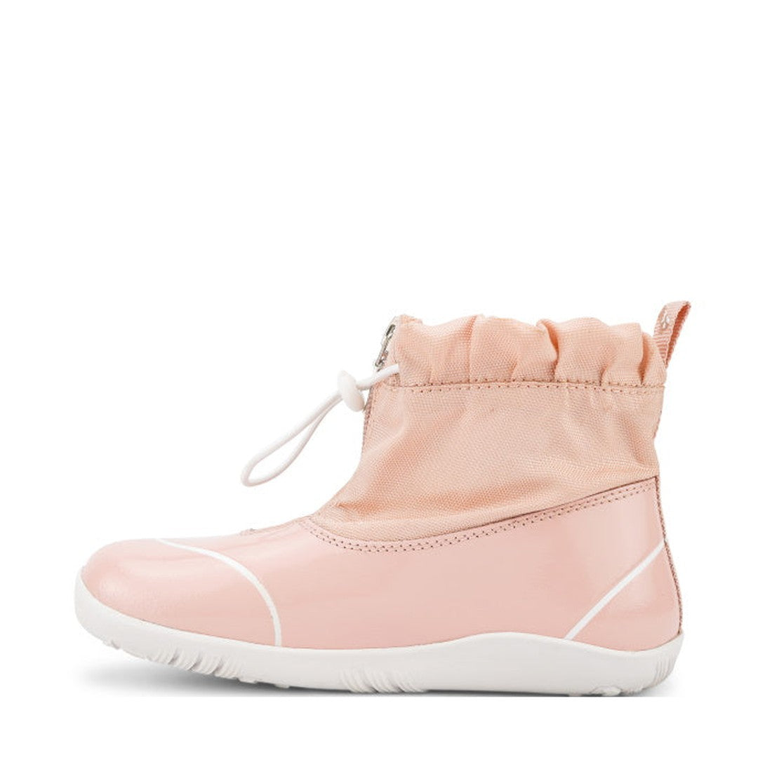 The Bobux Kid+ Splash Boot Waterproof Seashell Pink 839011 features a light pink design, white sole, glossy lower section, and fabric upper with drawstring closure—perfect waterproof boots for kids’ casual wear., 9420068528253, 9420068528260, 942006852827