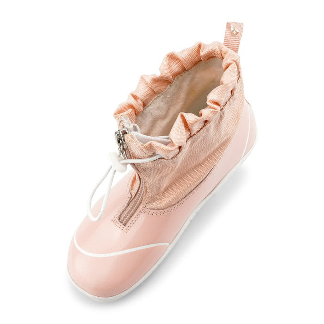 The Bobux Kid+ Splash Boot Waterproof Seashell Pink 839011 is a shiny, light pink children's shoe with a white sole, ruffled ankle collar, and front zipper. Available now in our clearance on waterproof kids shoes., 9420068528253, 9420068528260, 9420068528