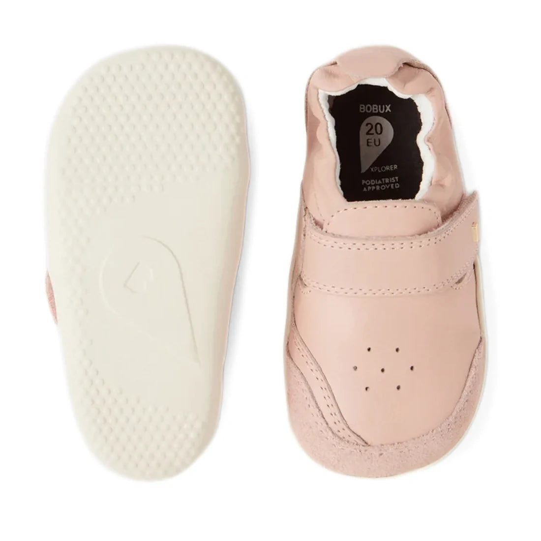 A pair of Bobux XP Explorer Ripple First Walker shoes in Cameo Rose (502603) with a white, flexible sole, one shoe shown from the top and the other displaying the sole. These toddler shoes feature a Velcro strap and a soft, rounded design ideal for first 