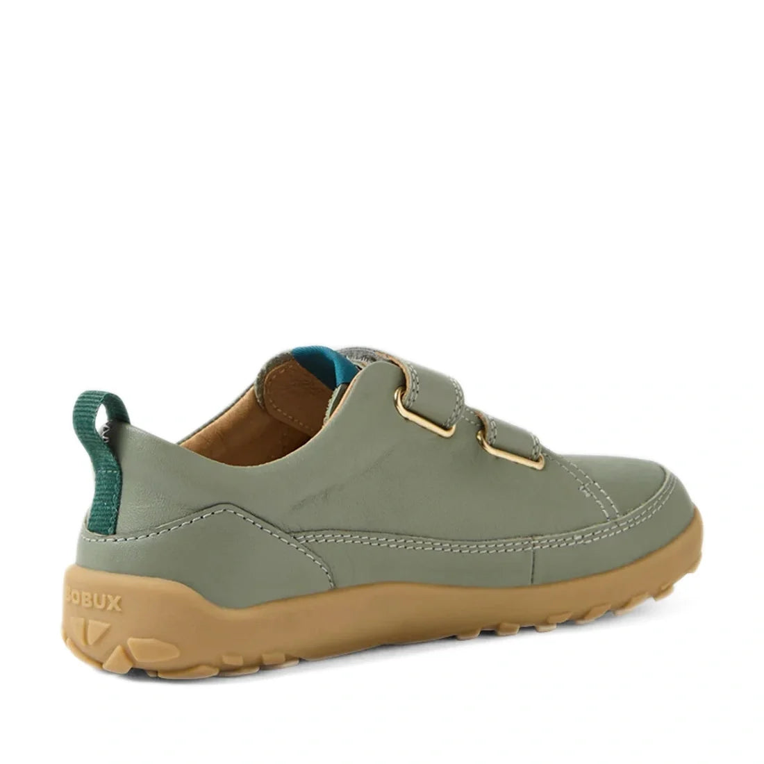 A Bobux KP Kids Plus Dawn Leather Sneaker in Vetiver Green, featuring a tan rubber sole, Velcro straps, a wide toe box, and a teal pull tab at the heel, shown from the back left side., 9420074804723, 9420074804730, 9420074804747, 9420074804754, 9420074804