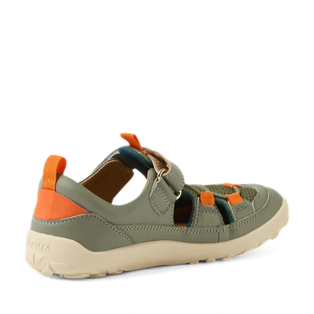 Introducing the Bobux Kid+ KP Rocky Leather Closed Toe Sandal Vetiver Green Barefoot—a durable and comfortable kids’ sandal featuring a green and orange colorway, closed-toe design, tan sole, mesh and leather upper, velcro strap fastening, and orange pull