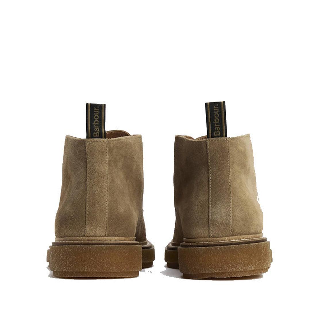 Barbour Mens Blaine Chukka Lace Up Taupe Suede Boots feature brown rubber soles and black pull tabs with the Barbour logo, blending classic style with comfort., 5063669166789, 5063669166796, 5063669166734, 5063669166741