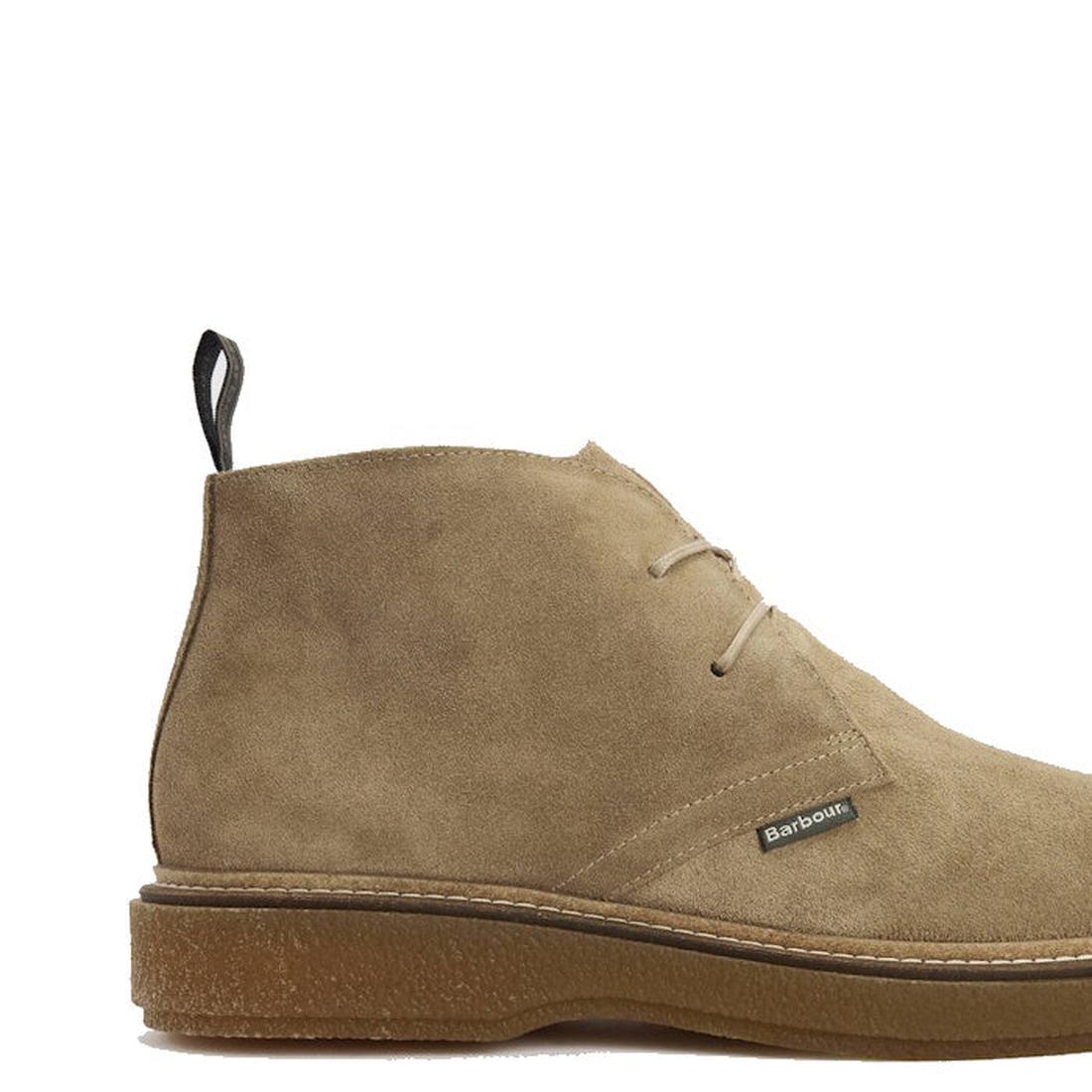 Barbour Men's Blaine Chukka Lace Up Taupe Suede Boot with a rubber sole, two eyelets, black heel pull tab, Alaline leather accents, and a small Barbour brand tag on the side., 5063669166789, 5063669166796, 5063669166734, 5063669166741