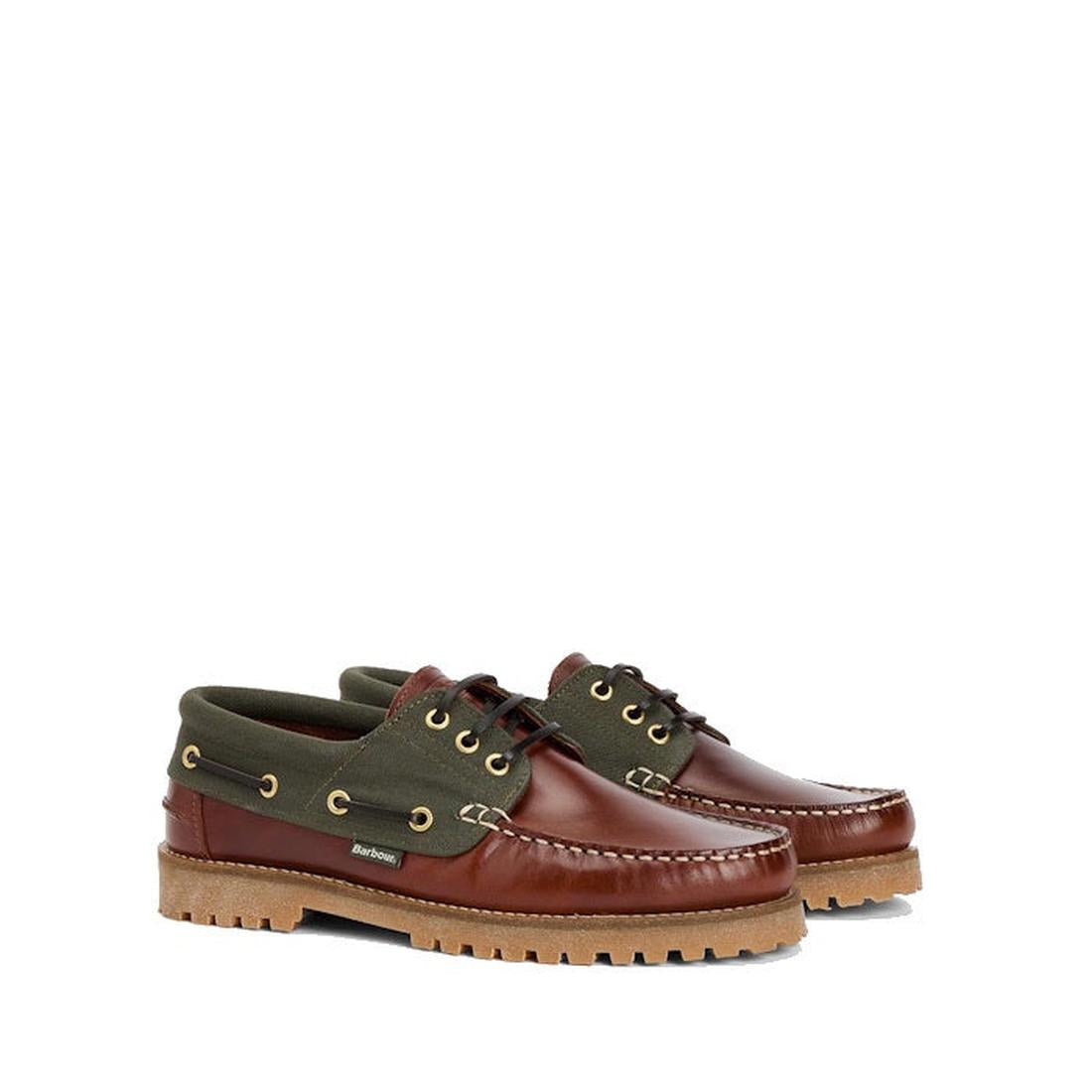 Barbour Mens Re-Engineered Deck Boat Shoes in mahogany leather feature green ankle fabric, gold eyelets, brown laces, and chunky tan rubber soles—classic men's casual shoes shown on a white background., 5020985780440, 5020985781133, 5020985777563, 51884