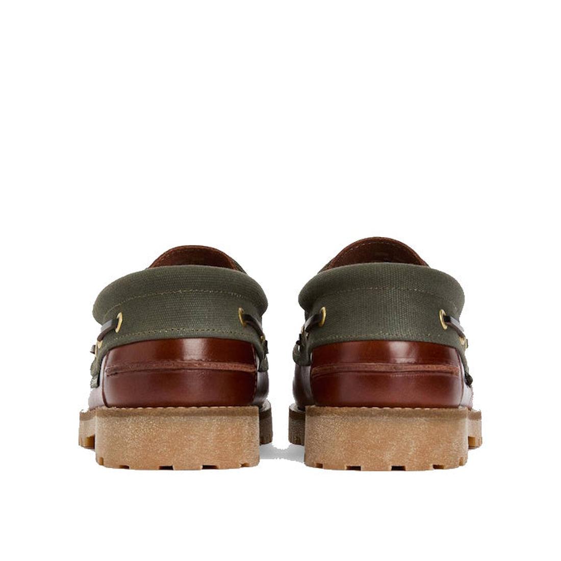 Back view of Barbour Mens Re-Engineered Deck Boat Shoes in mahogany, featuring brown leather and green fabric uppers, tan outsoles, and brass eyelets—shown against a white background., 5020985780440, 5020985781133, 5020985777563, 51884