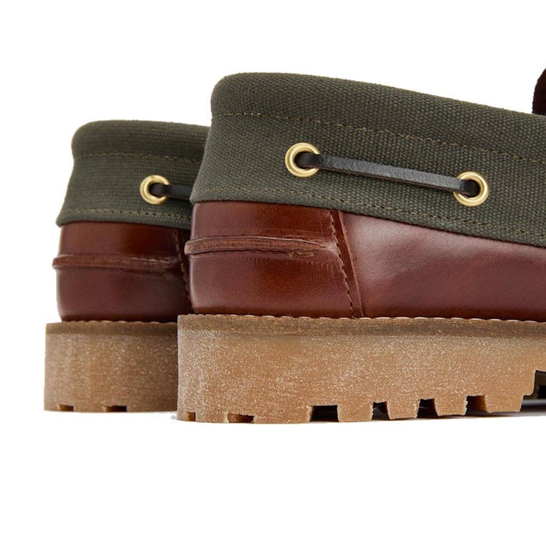 Close-up of the back and side of two Barbour Mens Re-Engineered Deck Boat Shoes in mahogany, featuring brown leather, green canvas panels, rugged textured rubber soles, and gold eyelets., 5020985780440, 5020985781133, 5020985777563, 51884