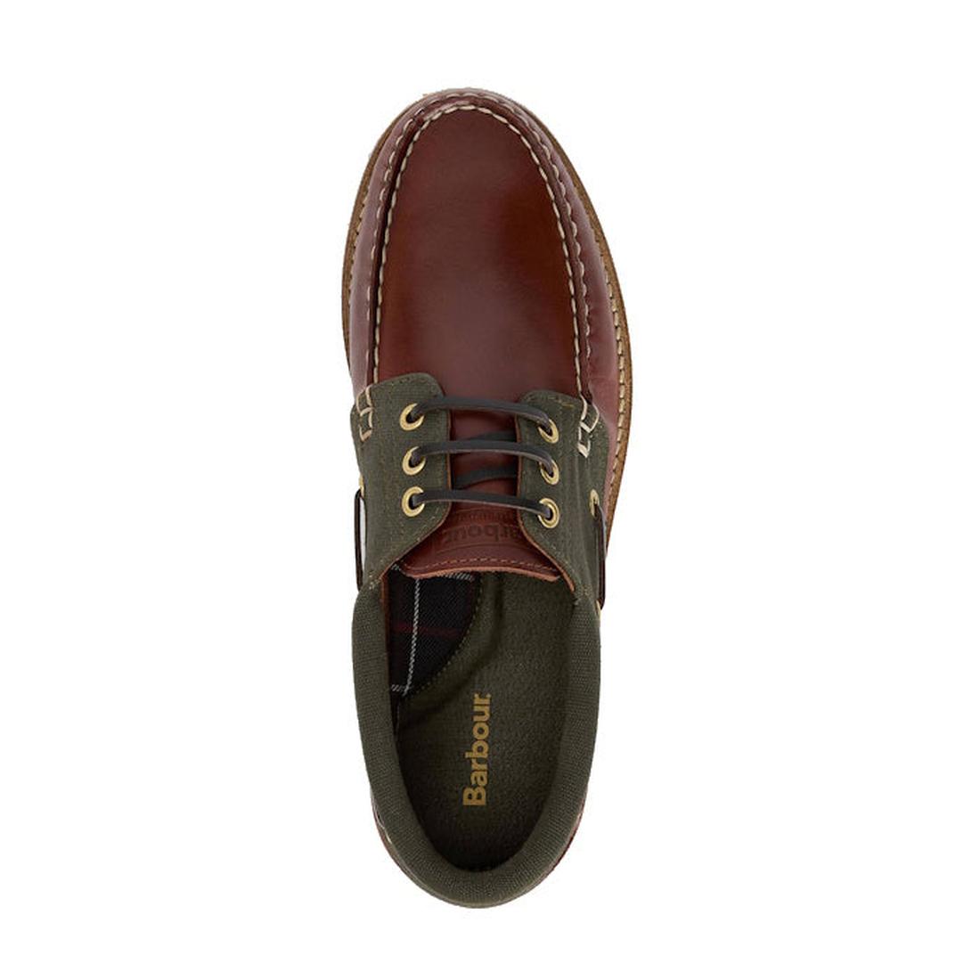 Top view of Barbour Mens Re-Engineered Deck Boat Shoes Mahogany, featuring brown leather, green fabric sides, white stitching, brass eyelets, and a gold Barbour logo on the insole—classic men's casual footwear., 5020985780440, 5020985781133, 5020985777563