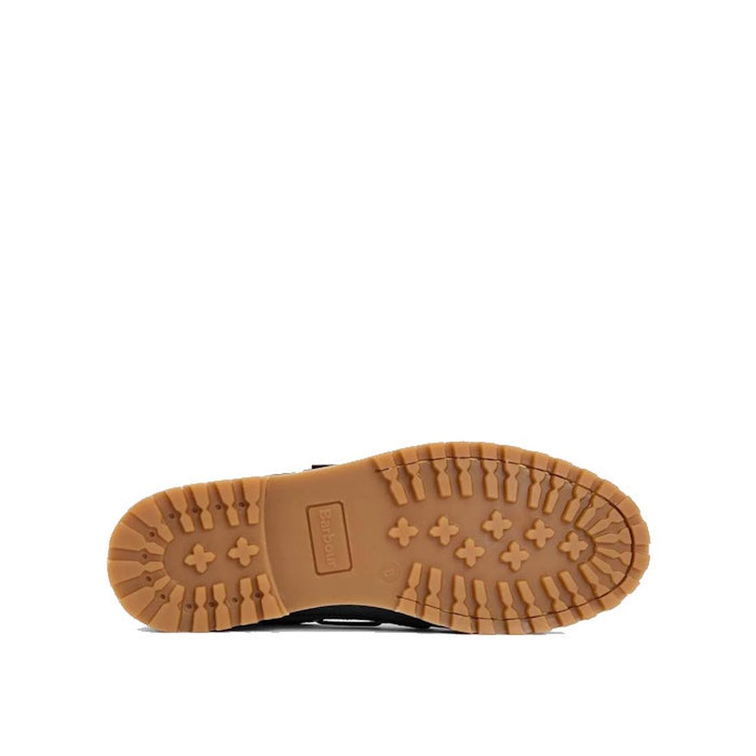The image shows the bottom view of the Barbour Mens Re-Engineered Deck Boat Shoes Mahogany, featuring a tan rubber sole with deep treads for grip, a rectangular logo at the center, and a black upper for men's casual wear., 5020985780440, 5020985781133, 50