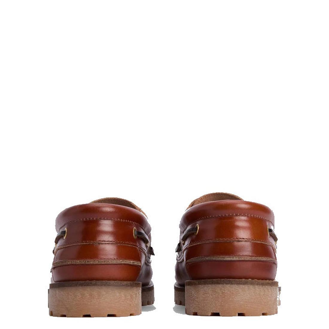 Barbour Mens Re-Engineered Deck Boat Shoes Tan shown from the back, featuring detailed stitching and a thick, sneaker-inspired sole, set against a white background., 5020985782178, 5020985782659, 5020985783274, 5020985779802, 51888
