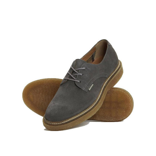 A pair of Barbour Mens Harefield Derby Lace Up Shoes in slate grey suede, with brown rubber soles—one shoe upright and the other on its side to show the sole., 5063669166710, 5063669166727, 5063669166666, 5063669166673