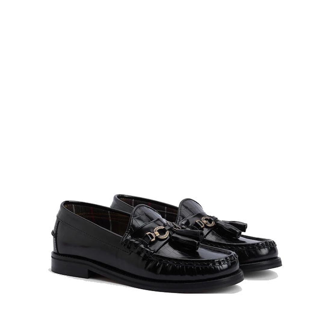 A pair of Barbour Jen Black Womens Croc Tassel Leather Loafers features premium leather, croc texture, low heel, decorative stitching, tassels, and a gold-tone chain on the front, shown against a white background.,., 5020985982790, 5020985983353, 50209859