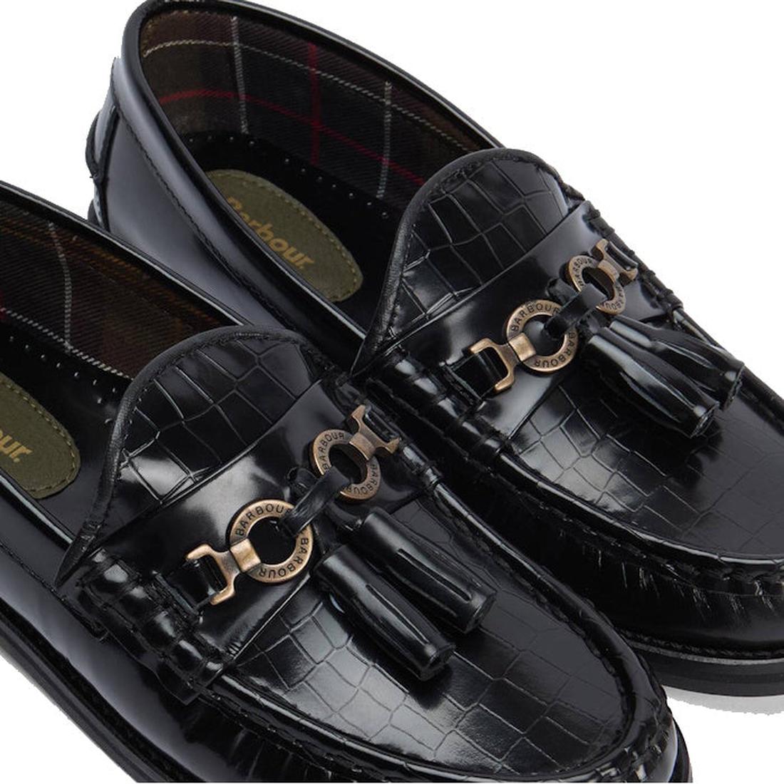 Close-up of Barbour Jen Black Womens Croc Tassel Leather Loafer—croc-embossed leather with tassels, metal accents, plaid interior lining, and visible Barbour branding on the insole., 5020985982790, 5020985983353, 5020985983933, 5020985984381, 502098598482