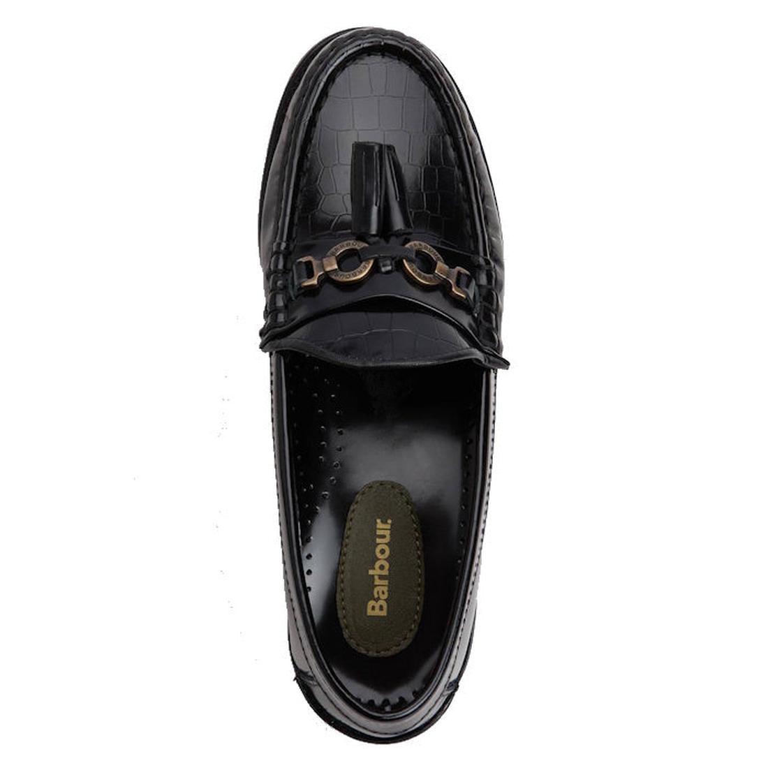 The Barbour Jen Black Womens Croc Tassel Leather Loafer features premium croc-embossed leather, a decorative tassel, gold chain detail, and a branded insole. Shown from above on a white background., 5020985982790, 5020985983353, 5020985983933, 50209859843