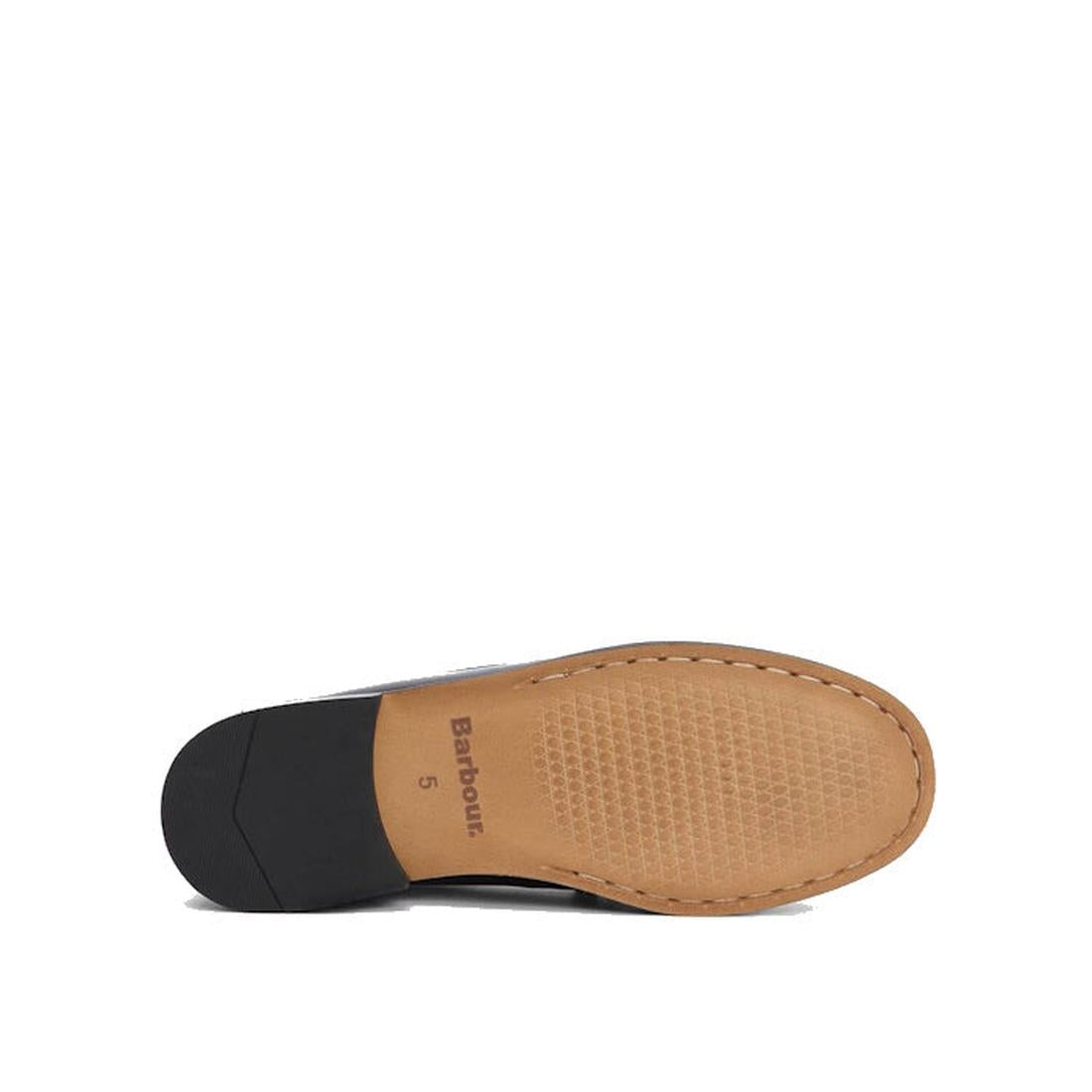 The sole of a Barbour Jen Black Womens Croc Tassel Leather Loafer is shown facing upward. It features a tan textured grip area, black heel, and "Barbour 6" near the arch, set against a plain white background., 5020985982790, 5020985983353, 5020985983933, 