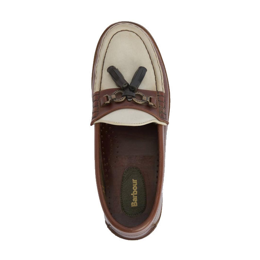 Top view of the Barbour Jen Mahogany & Beige Women's Tassel Leather Loafer featuring a tassel detail on the front and Barbour branding on the insole., 5063669169094, 5063669169100, 5063669169117, 5063669169124, 5063669169131, 51844