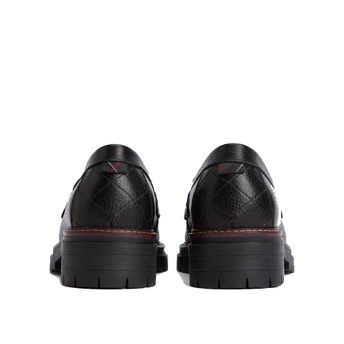Back view of the Barbour Maddie Black Leather Womens Chunky Loafer, featuring chunky rubber soles and subtle stitching details, displayed on a white background., 51897, 5020985778720, 5020985779352, 5020985780068, 51901, 51902
