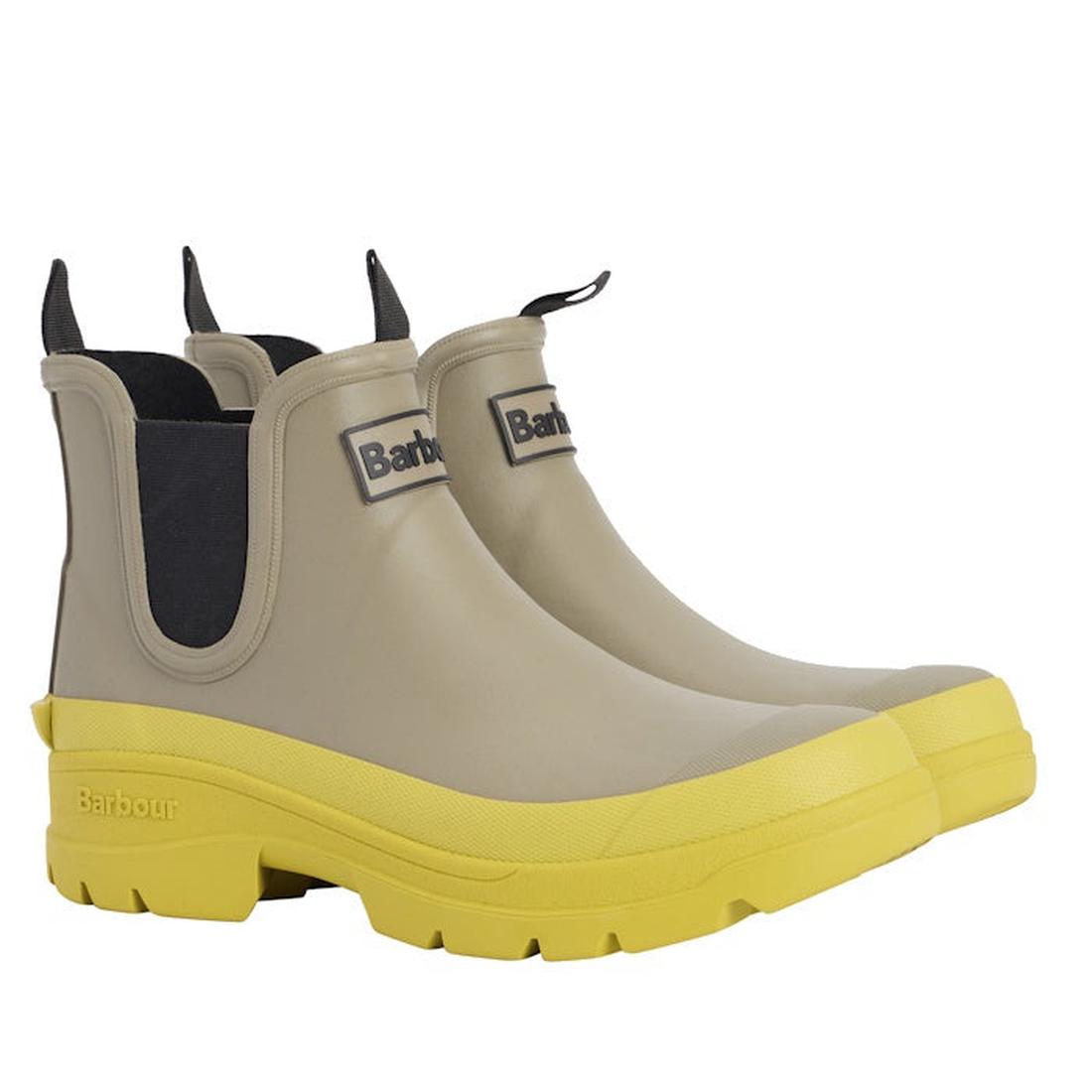 Barbour Nimbus Dusky Green Lime Chelsea Wellingtons for women have easy pull-tabs, comfy elastic sides, and bright lime accents.  ksnz