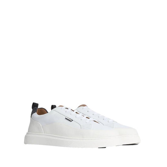 Barbour Mens Stannington White Navy Trench Leather Trainer: white leather sneakers with white laces, thick white sole, and navy heel tabs, displayed against a plain white background.