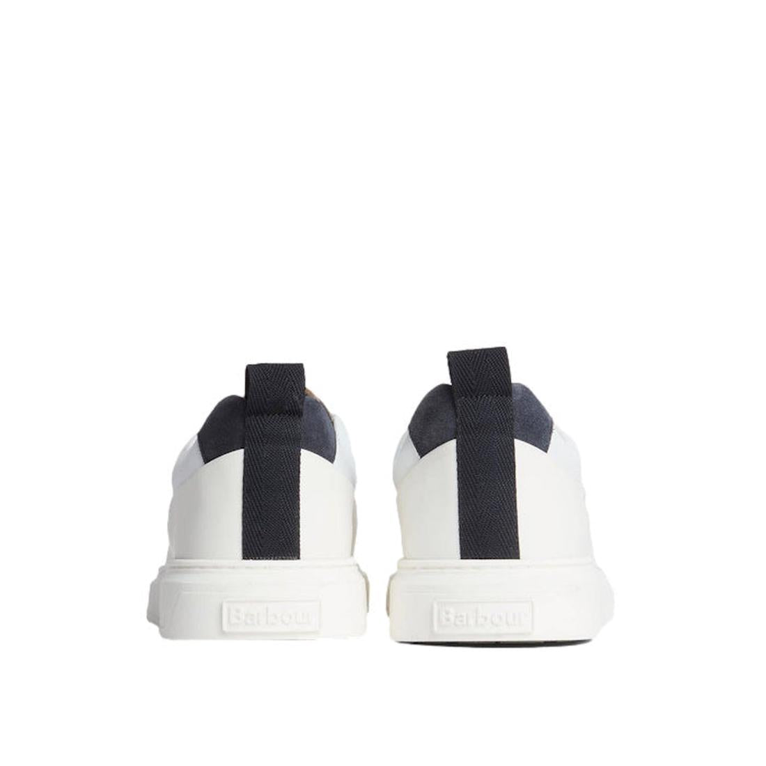 The Barbour Mens Stannington White Navy Trench Leather Trainer features a white leather design, dark navy heel tabs, and the Barbour brand embossed on each heel for a stylish finish., 5063669168325, 5063669168332, 5063669168271, 51896