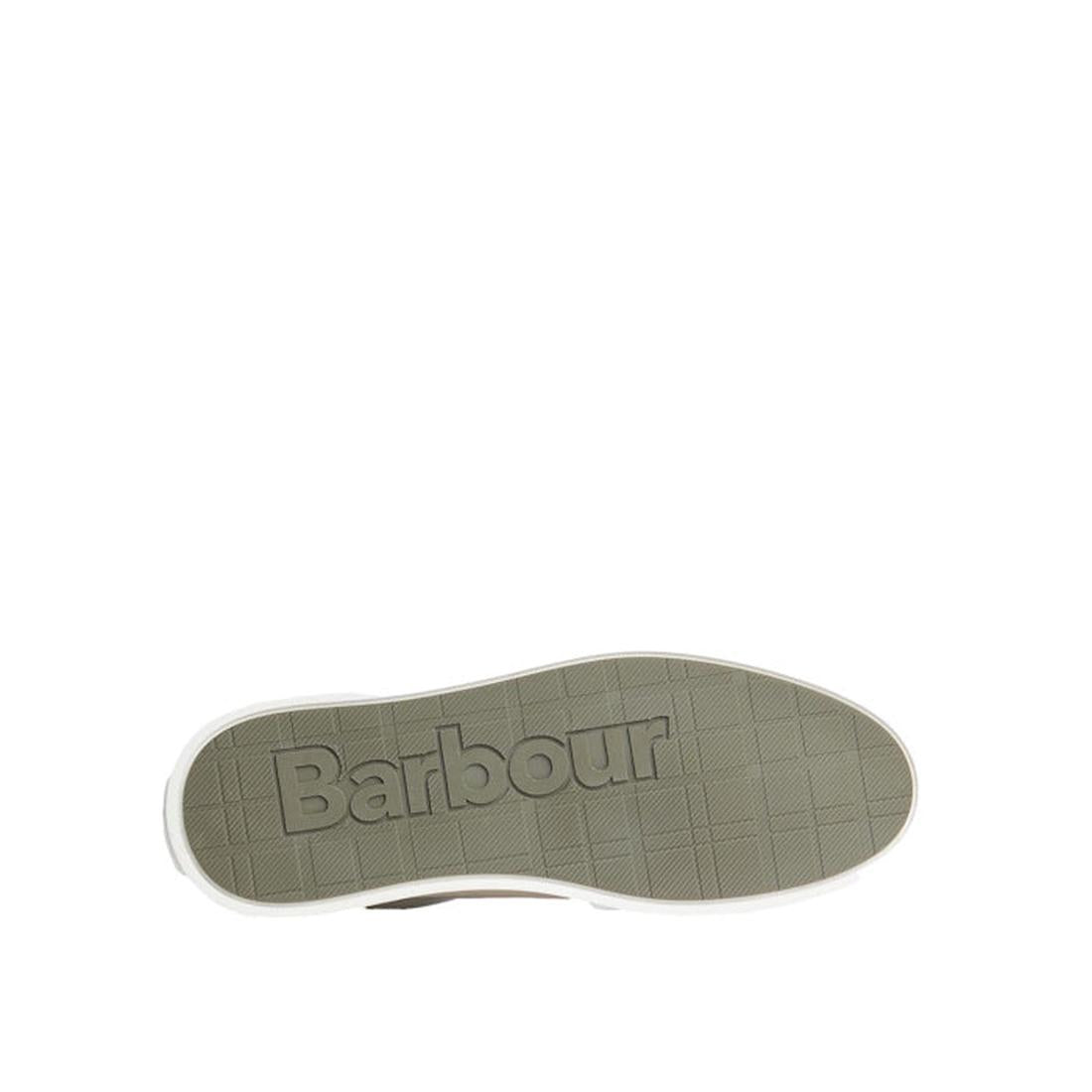 The image displays the sole of the Barbour Mens Stannington White Navy Trench Leather Trainer, featuring a textured pattern, "Barbour" embossed in large letters, and an olive green sole with a white edge for stylish contrast., 5063669168325, 5063669168332