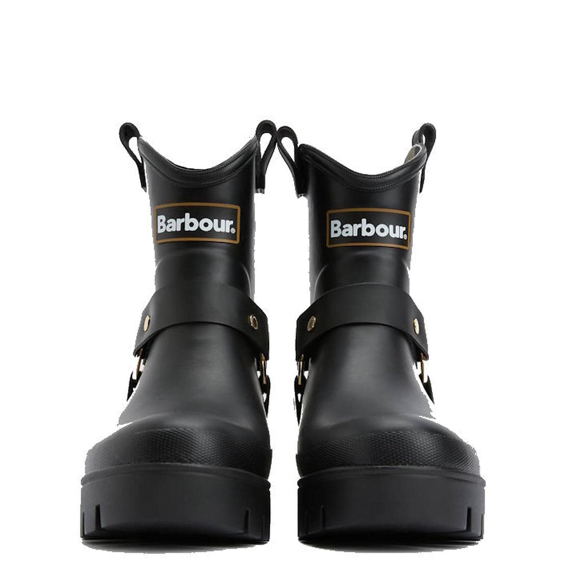 A pair of Barbour Elley Harness Black Wellington Womens Rainboots with thick soles, decorative straps, and Barbour logos on the front, shown facing forward against a white background., 5020985983018, 5020985983575, 5020985984107, 5020985984558, 5020985984