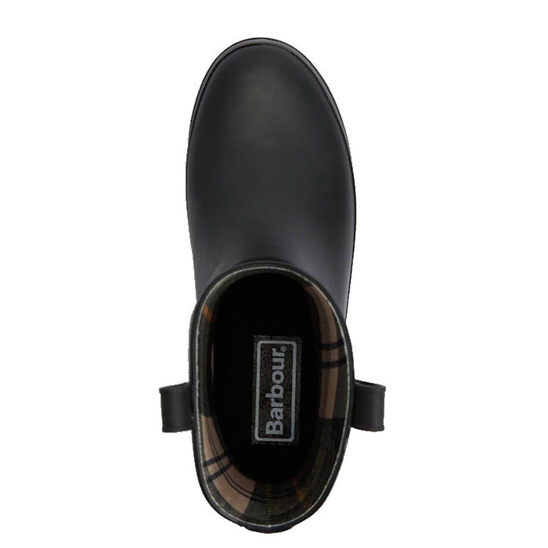 Top view of the Barbour Elley Harness Black Wellington Womens Rainboot in black rubber with a plaid lining, visible Barbour logo on the insole, and two pull tabs at the boot’s opening., 5020985983018, 5020985983575, 5020985984107, 5020985984558, 502098598