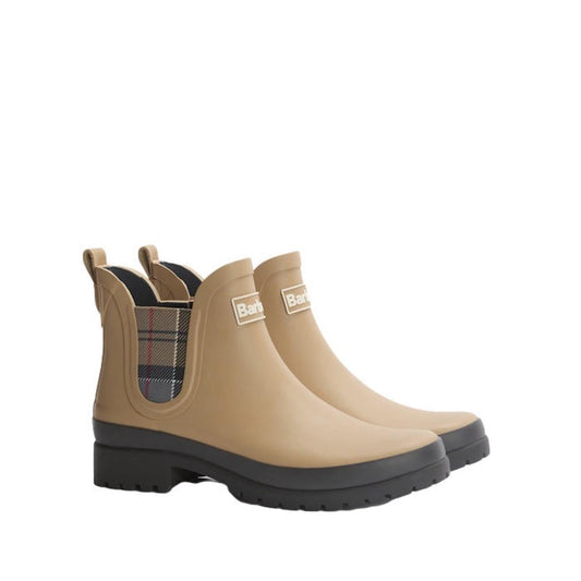 Barbour Mallow Beige Dress Tartan Chelsea Women's Wellington Rainboots feature black weatherproof soles, plaid side elastic panels, back pull tabs, and a Barbour logo on the front. Displayed against a white background.