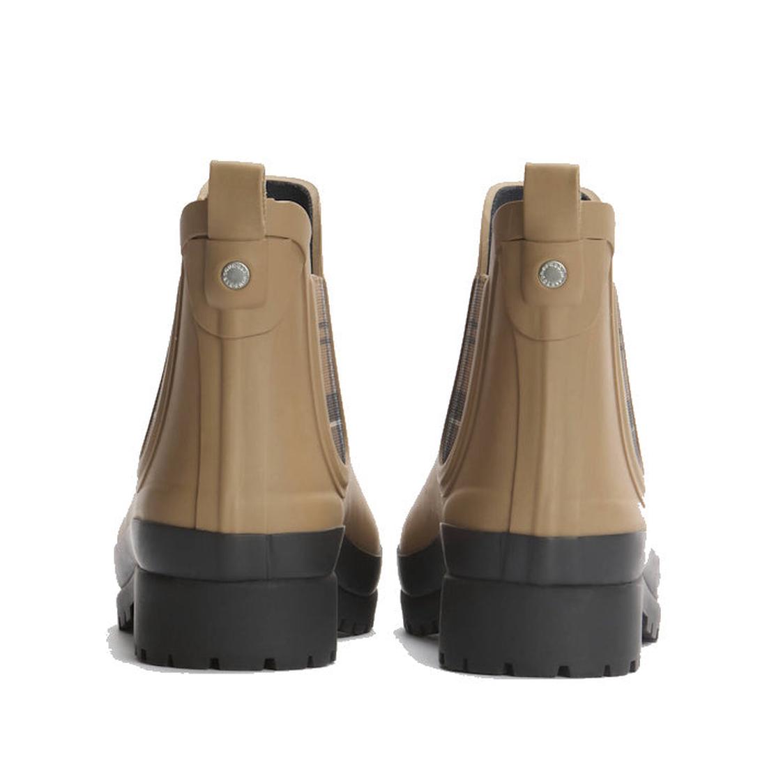 Barbour Mallow Beige Dress Tartan Chelsea Womens Wellington Rainboots with black chunky soles, pull tabs, and silver stud detail at the heel are pictured from the back on a white background for a stylish, weatherproof look., 5063669170830, 5063669170847, 