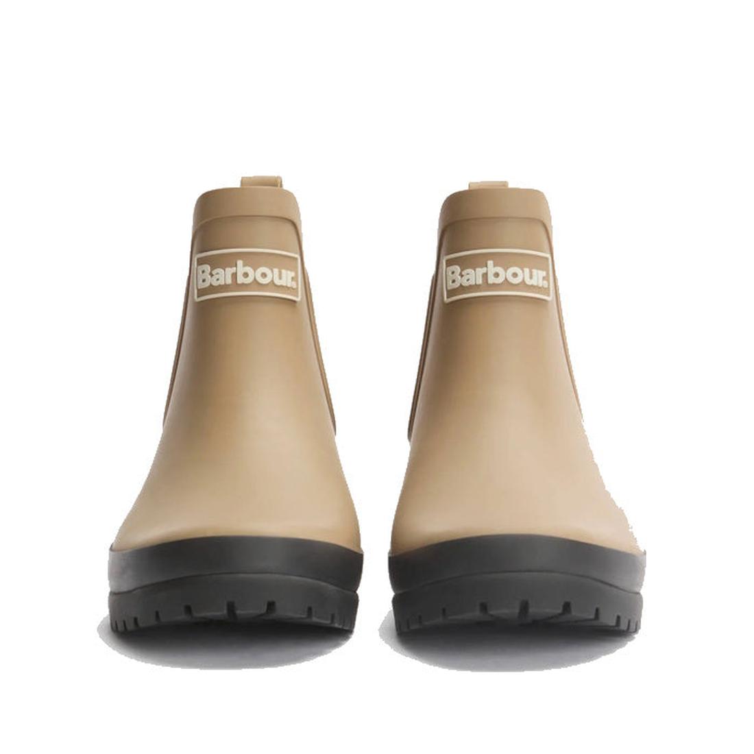 The Barbour Mallow Beige Dress Tartan Chelsea Women's Wellington Rainboots feature black weatherproof soles and a white Barbour logo on the front. Photographed on a white background, the boots are facing forward., 5063669170830, 5063669170847, 50636691708