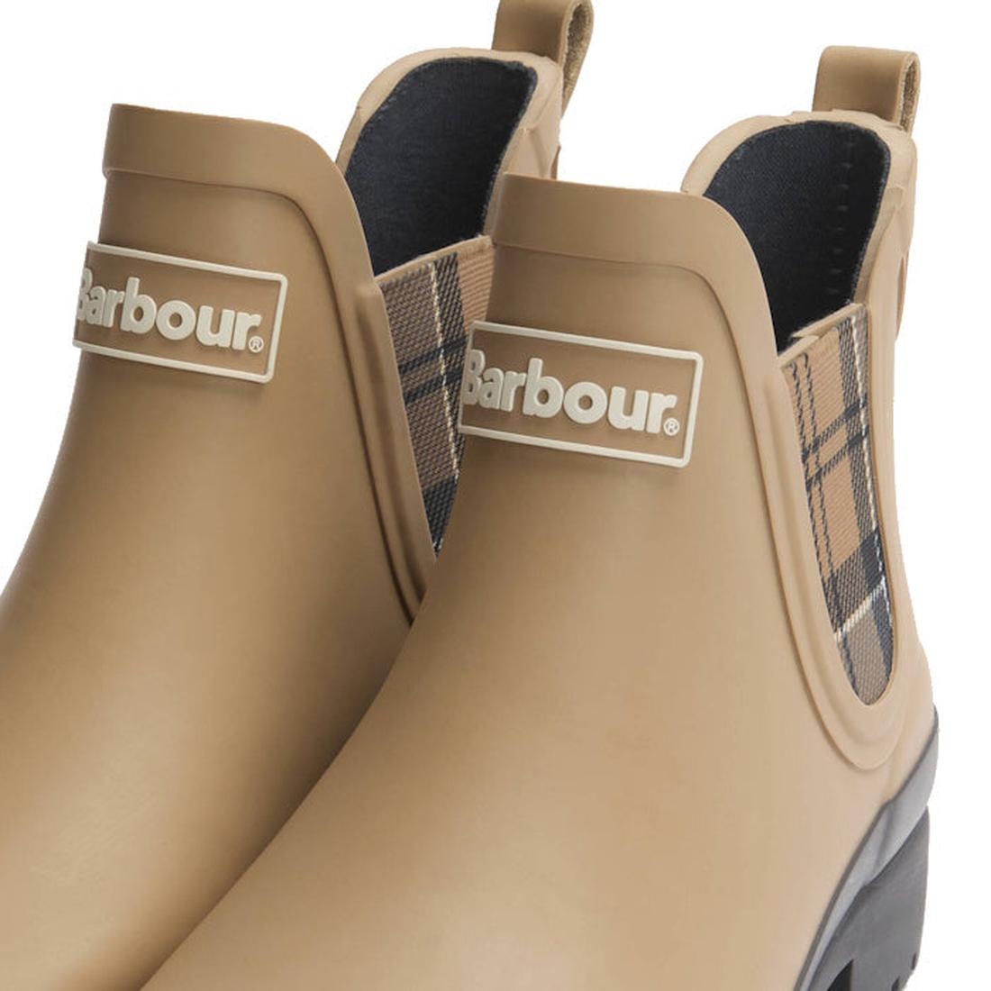Close-up of Barbour Mallow Beige Dress Tartan Chelsea Womens Wellington Rainboots with weatherproof protection, plaid elastic side panels, back pull tabs, and Barbour logo on the front., 5063669170830, 5063669170847, 5063669170854, 5063669170861, 50636691
