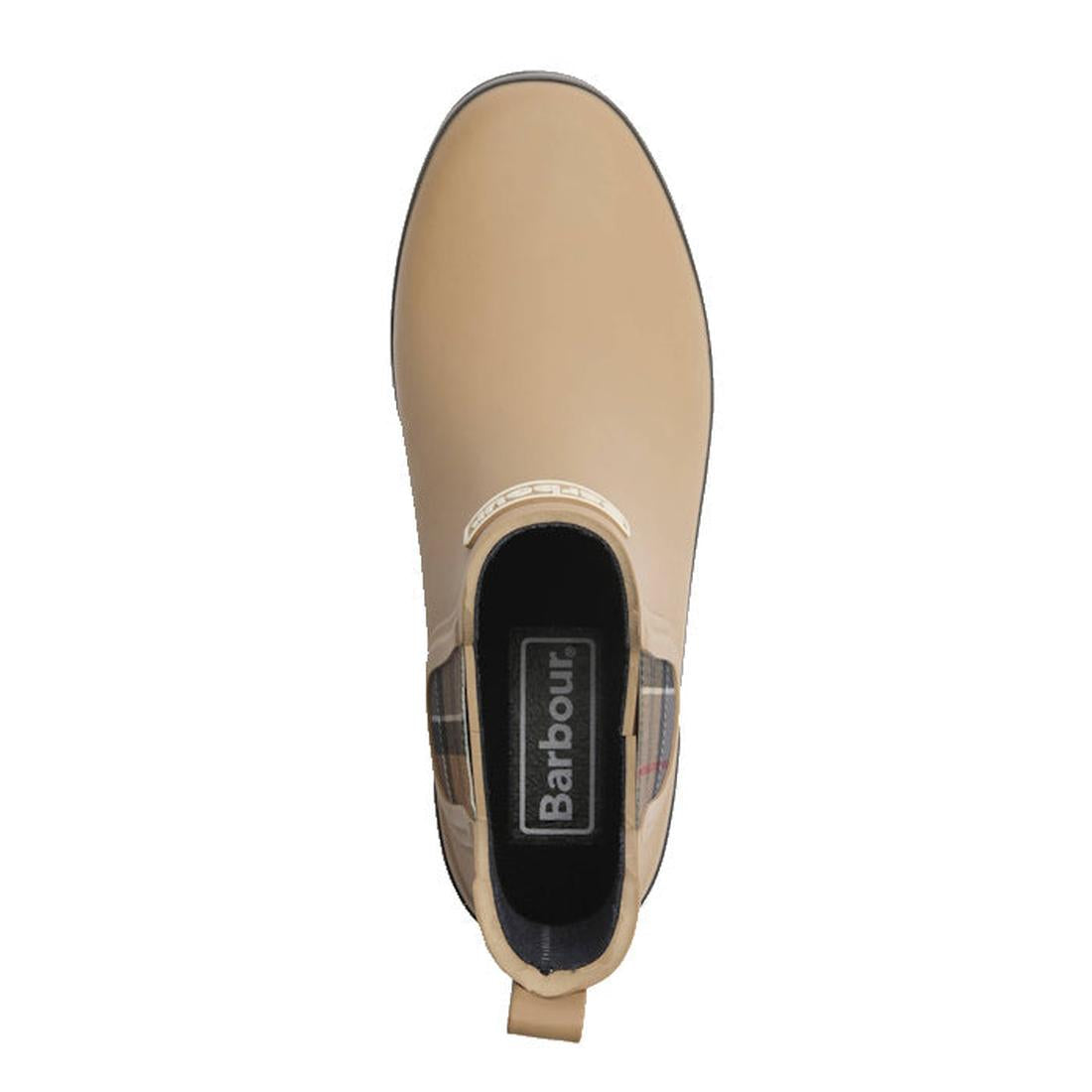 Top view of the Barbour Mallow Beige Dress Tartan Chelsea Women's Wellington Rainboots featuring a pull tab, plaid side accents, and the Barbour logo on the black insole—ideal for weatherproof style., 5063669170830, 5063669170847, 5063669170854, 506366917
