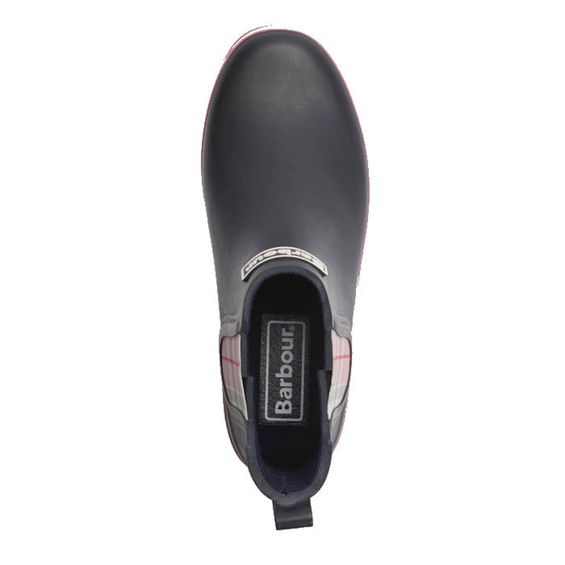 Top view of a Barbour Mallow Navy Cherry Blossom Chelsea women's Wellington rain boot featuring plaid side panels, a back pull tab, visible Barbour insole logo, and a weatherproof design that blends style with practicality., 5063669170908, 5063669170915, 