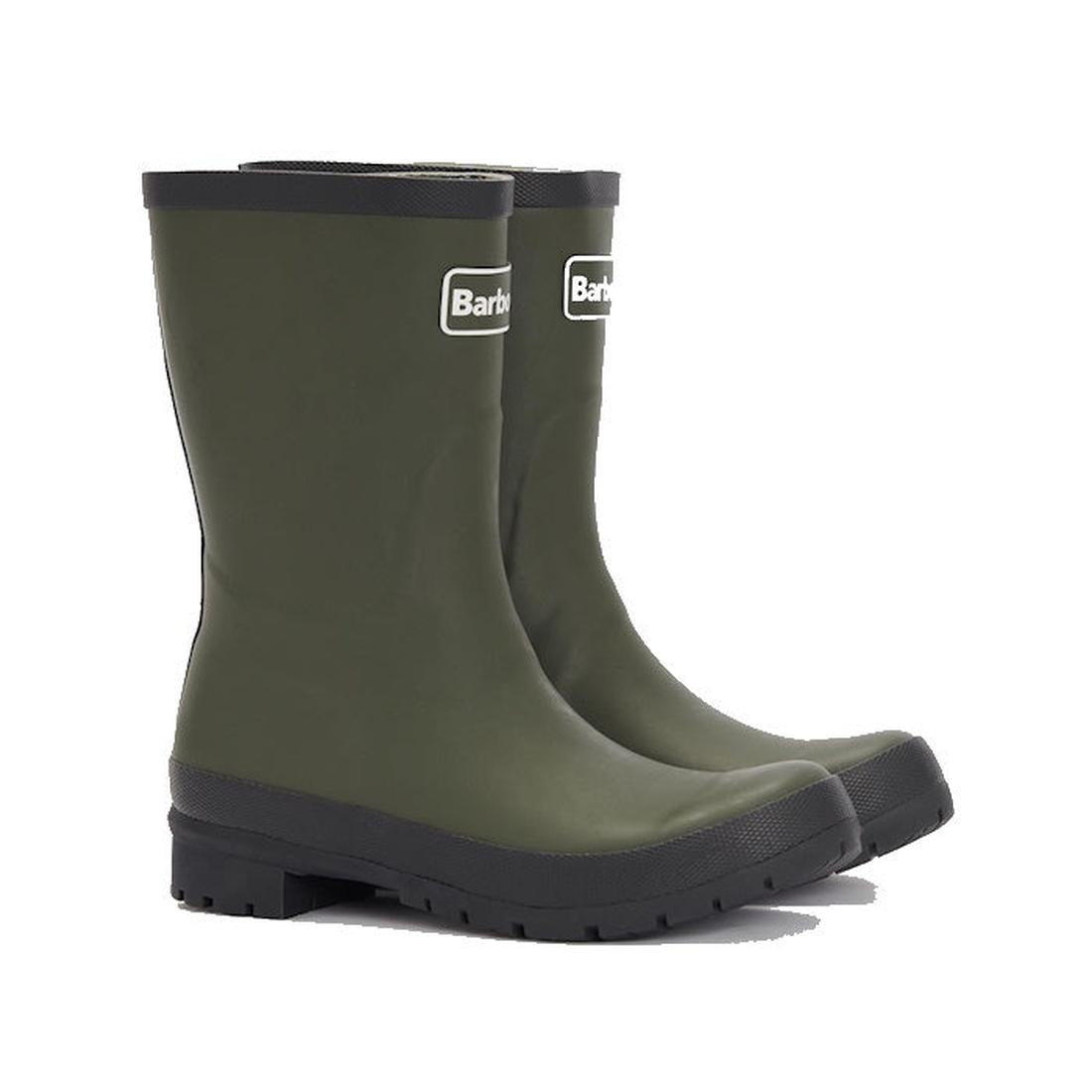 Barbour Banbury Black Mid Calf Wellys Womens Rainboot, classic black with sturdy soles, easy pull-on closure, white Barbour logo.  ksnz