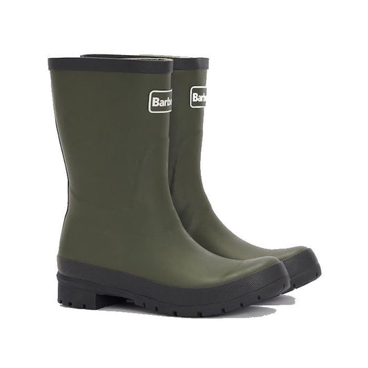 Barbour Banbury Black Mid Calf Wellys Womens Rainboot, classic black with sturdy soles, easy pull-on closure, white Barbour logo.  ksnz