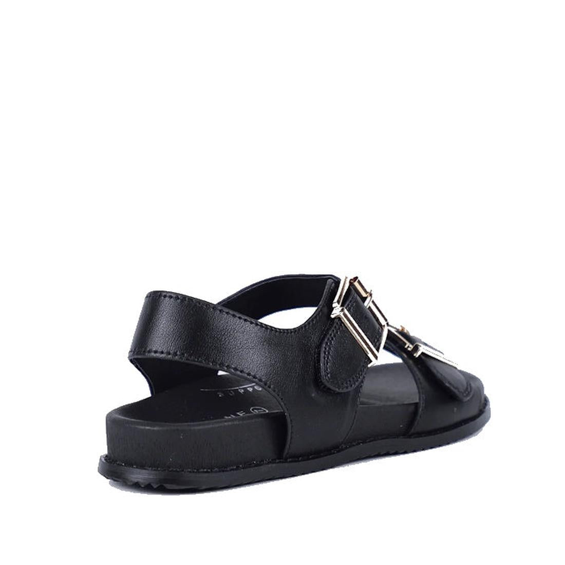The Bay Lane Zeus Black Women's Leather Sandal features double buckle straps, a back strap, and a comfortable footbed for all-day wear, shown from the rear side against a white background., 9357649063868, 9357649063875, 9357649063882, 9357649063899, 93576