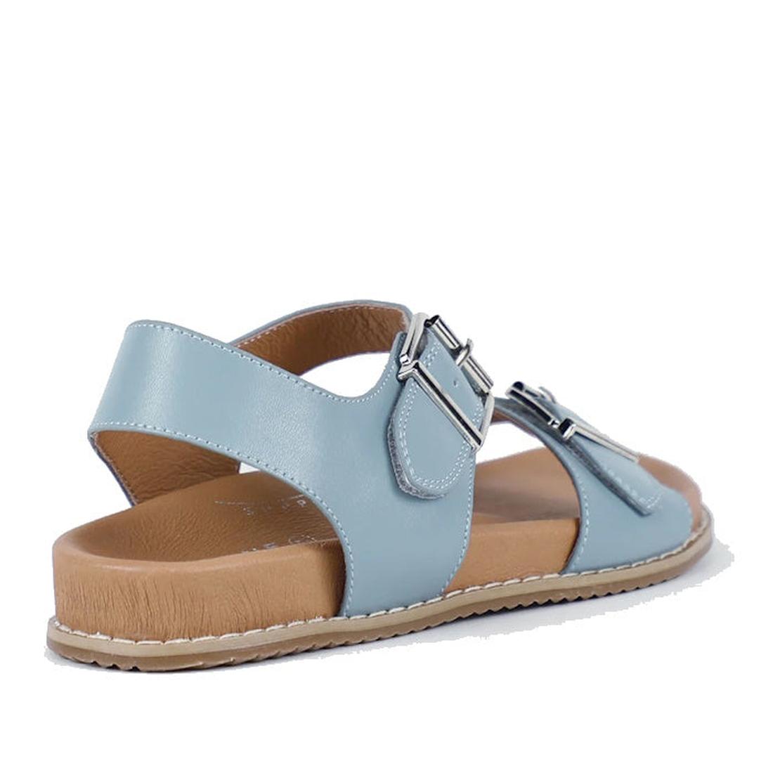 The Bay Lane Zeus Denim Blue Women’s Leather Sandal features two adjustable buckle straps, a supportive back strap, cushioned tan insole, and flat textured sole for stylish comfort all day., 9357649063806, 9357649063813, 9357649063820, 9357649063837, 9357