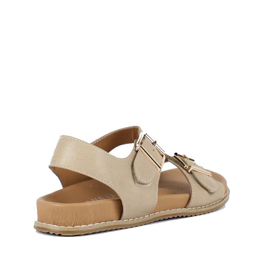 The Bay Lane Zeus Latte Womens Leather Sandal with Back Strap is shown from the back at an angle, featuring a tan leather finish, adjustable buckle straps, cushioned flat footbed, and visible stitching along the sole., 9357649063745, 9357649063752, 935764
