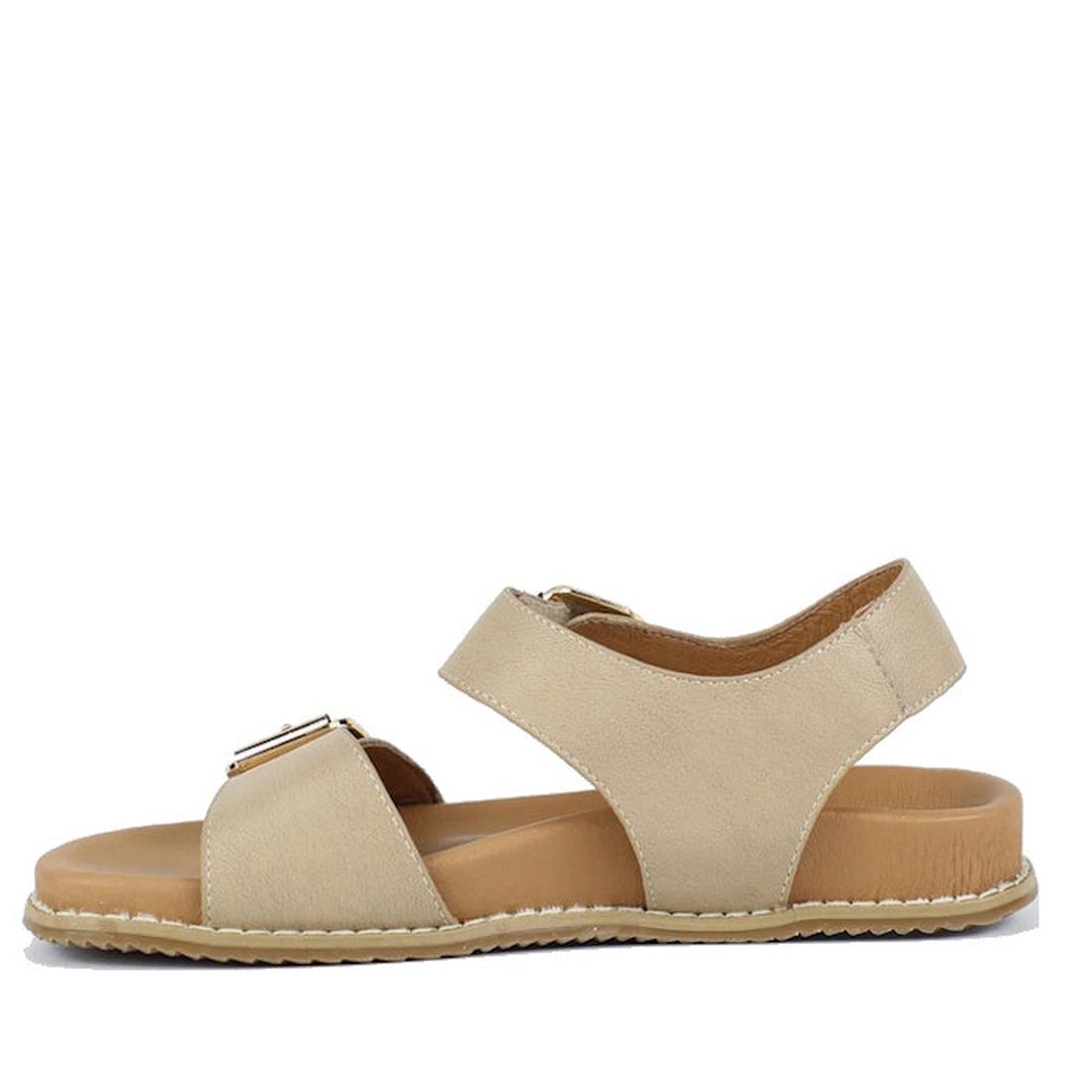 The Bay Lane Zeus Latte Womens Leather Sandal features a beige leather design with a back strap, cushioned footbed, flat sole, two adjustable straps, and visible stitching, shown side view on a white background., 9357649063745, 9357649063752, 935764906376