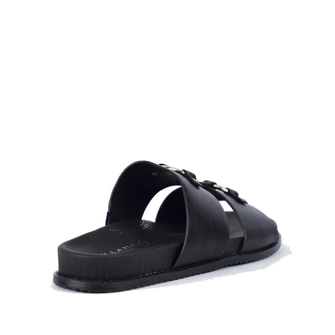The Bay Lane Zuma Black Womens Leather Sandal features two straps with metal buckles, a cushioned footbed, and a leather finish. The sandal is shown from the back and side against a plain white background., 9357649065015, 9357649065022, 9357649065039, 935