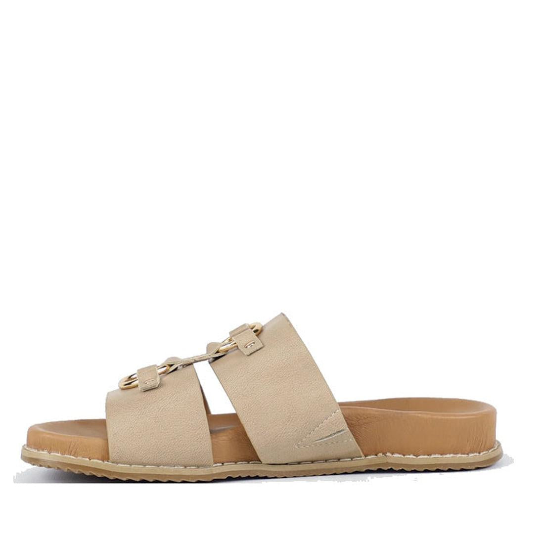 The Bay Lane Zuma Latte Beige Womens Leather Sandal features two wide straps with gold buckles, a cushioned footbed, and a flat tan sole with light stitching detail., 9357649064940, 9357649064957, 9357649064964, 9357649064971, 9357649064988, 47625