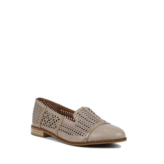 The Bay Lane Bayliss Latte Leather Womens Loafer Flat Summer Shoe is a beige slip-on with a low heel, laser-cut leather upper, and cushioned footbed, shown on a white background.