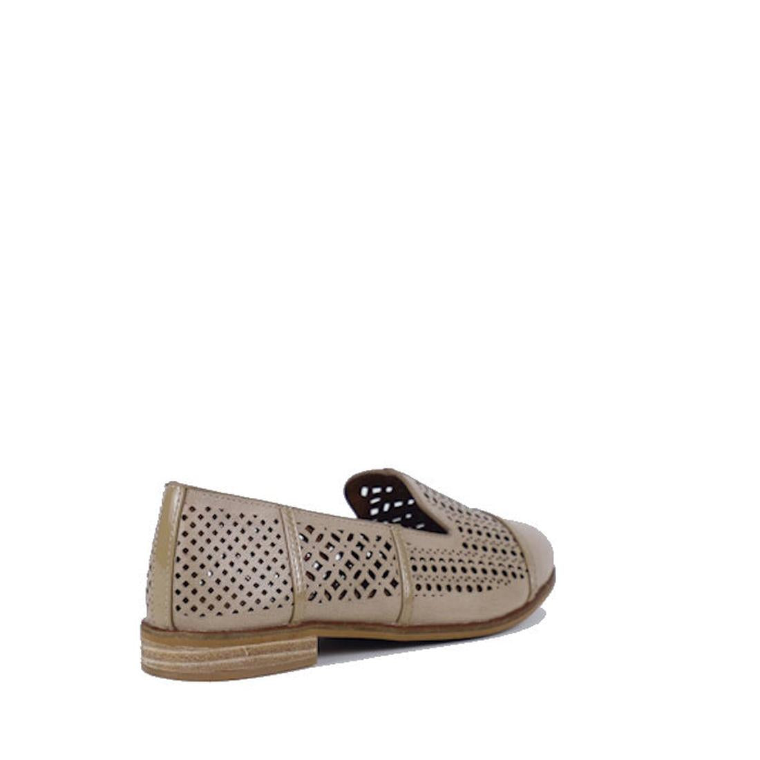 The Bay Lane Bayliss Latte Leather Womens Loafer is a beige slip-on flat summer shoe with a leather upper, low wooden heel, and decorative cut-out patterns on the sides and top, shown against a plain white background., 9357649062960, 9357649062977, 935764