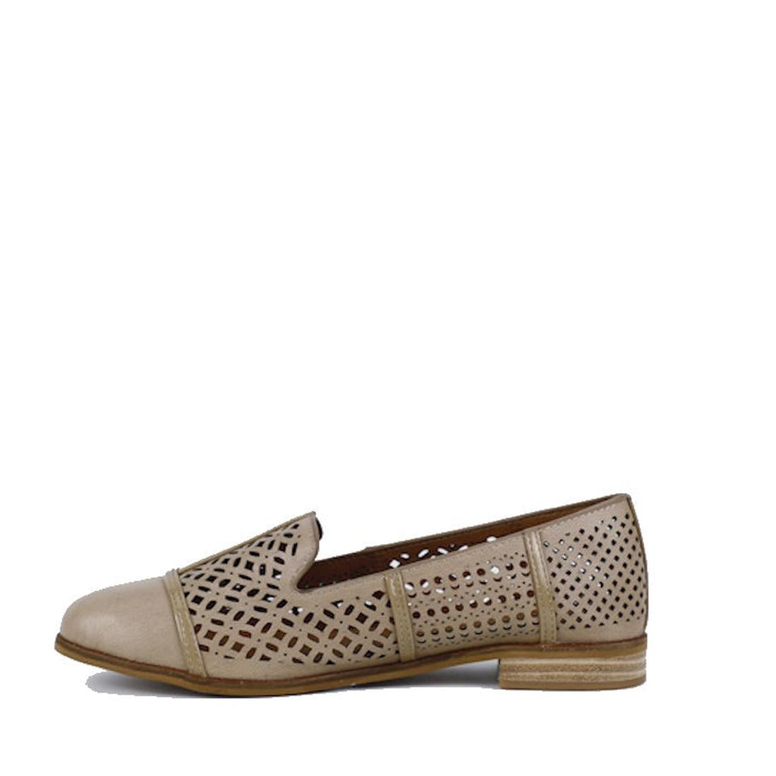 The Bay Lane Bayliss Latte Leather Womens Loafer Flat is a beige slip-on with a leather upper, closed toe, low wooden heel, geometric cut-outs on the sides and heel, and a slightly raised sole for comfort and style., 9357649062960, 9357649062977, 93576490