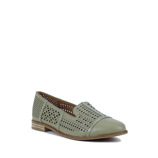 The Bay Lane Bayliss Sage Leather Women's Ballet Flat features a slip-on loafer design with a low wooden heel and laser-cut geometric perforations on the sides and top, shown on a white background.